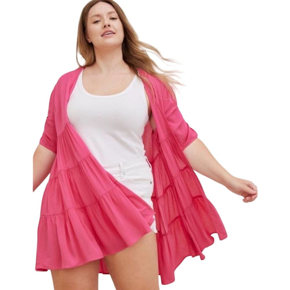Torrid Ruffle Tiered Kimono Open Front Crinkle Gauze Hot Bright Pink Size 2